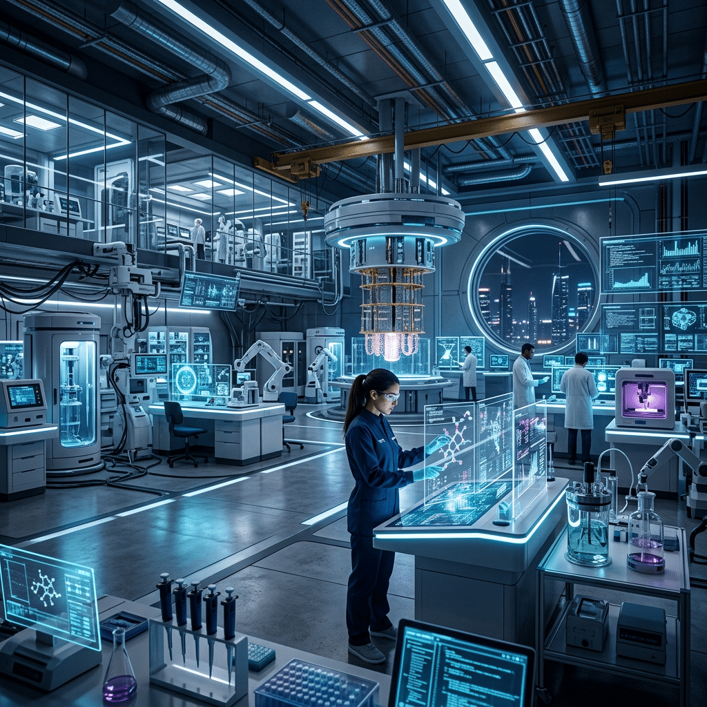 Scientists working with holographic data displays in a futuristic laboratory