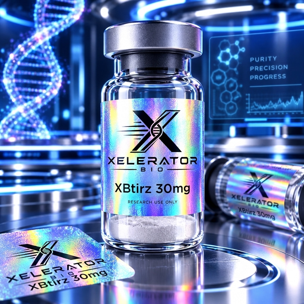 A laboratory vial containing 30mg of XBTirz30 in Lyophilized powder form.